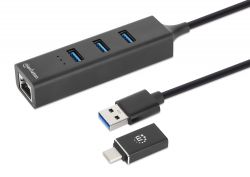 MANHATTAN 180894 :: 3-Портов Combo хъб USB 3.0 Type-C/А с Gigabit Ethernet, черен